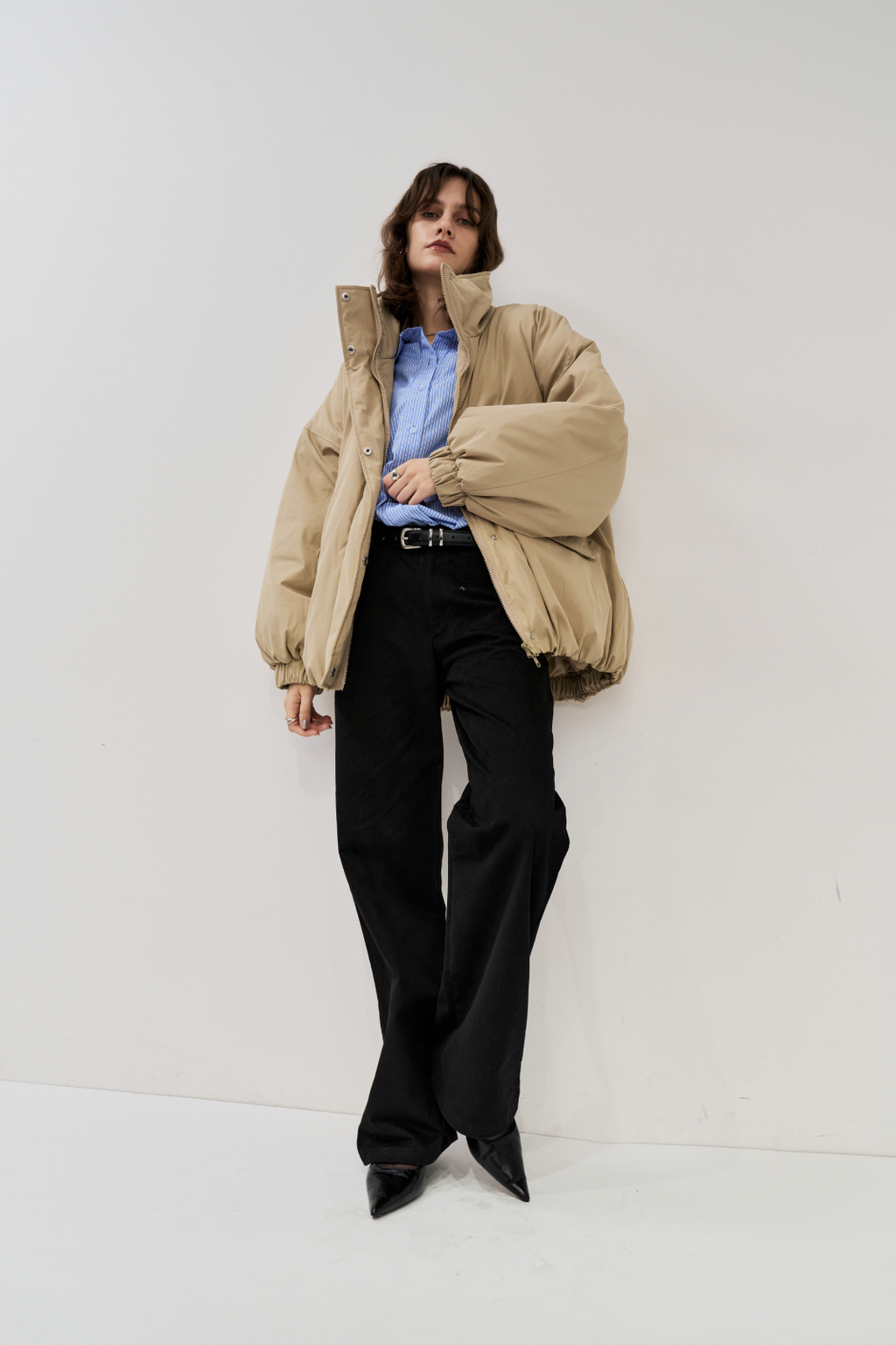 Stand collar padding midi coat