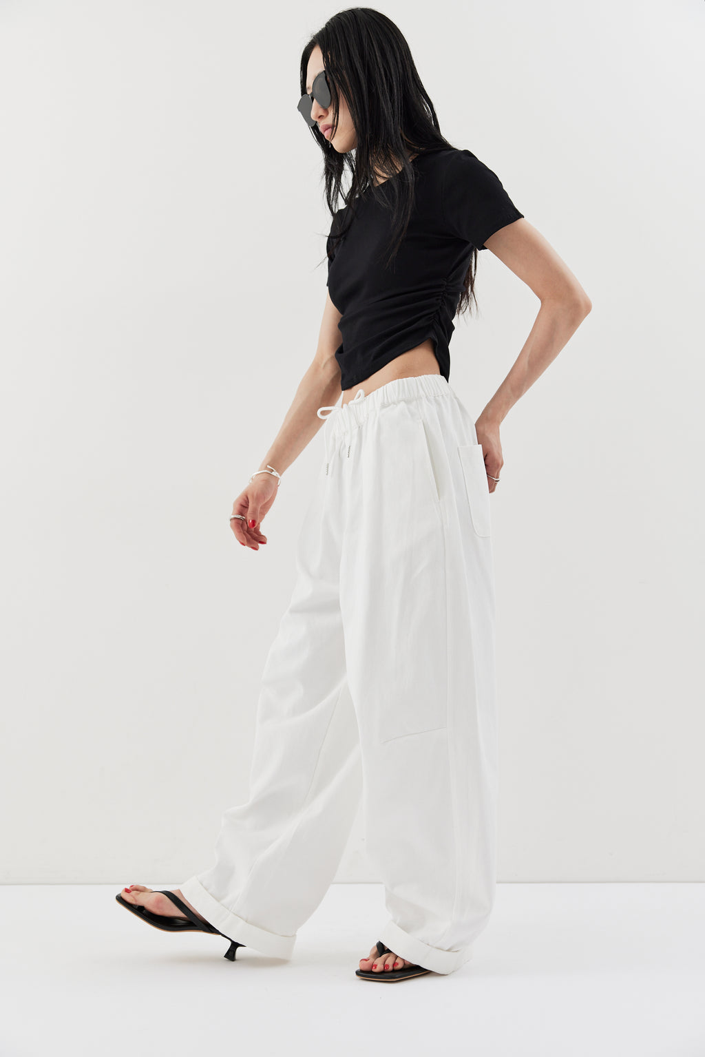 Cotton roll-up curved pants