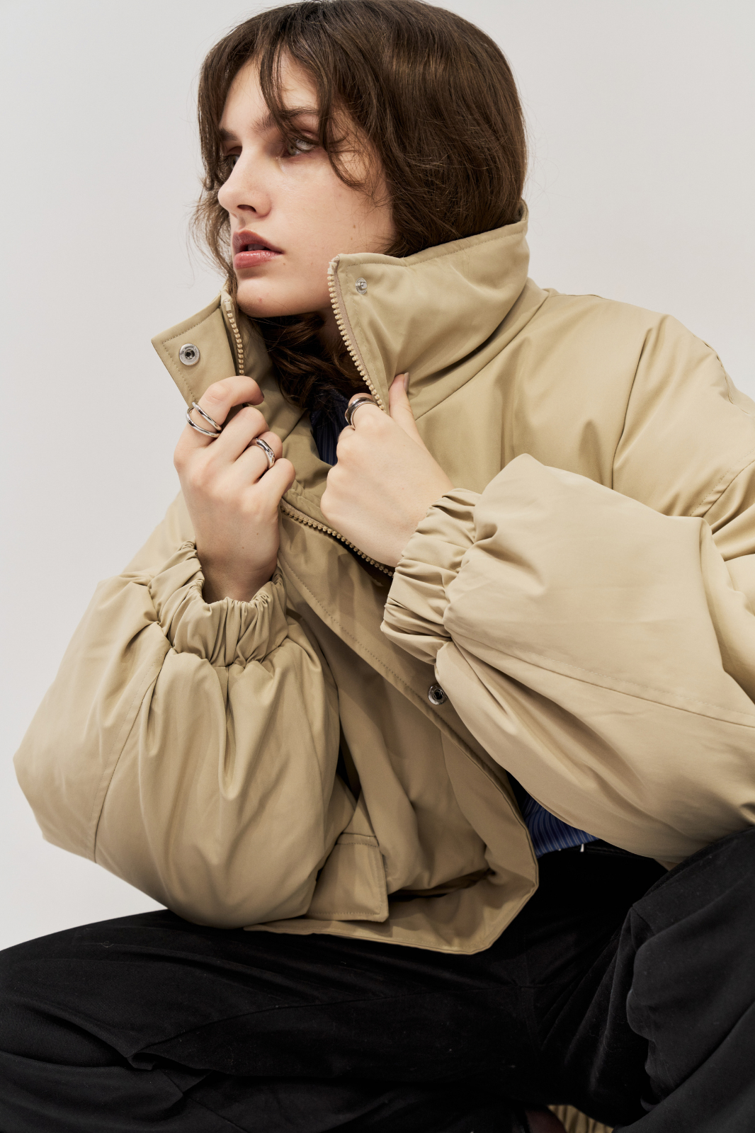 Stand collar padding midi coat