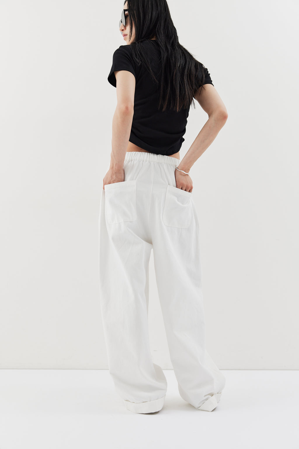 Cotton roll-up curved pants