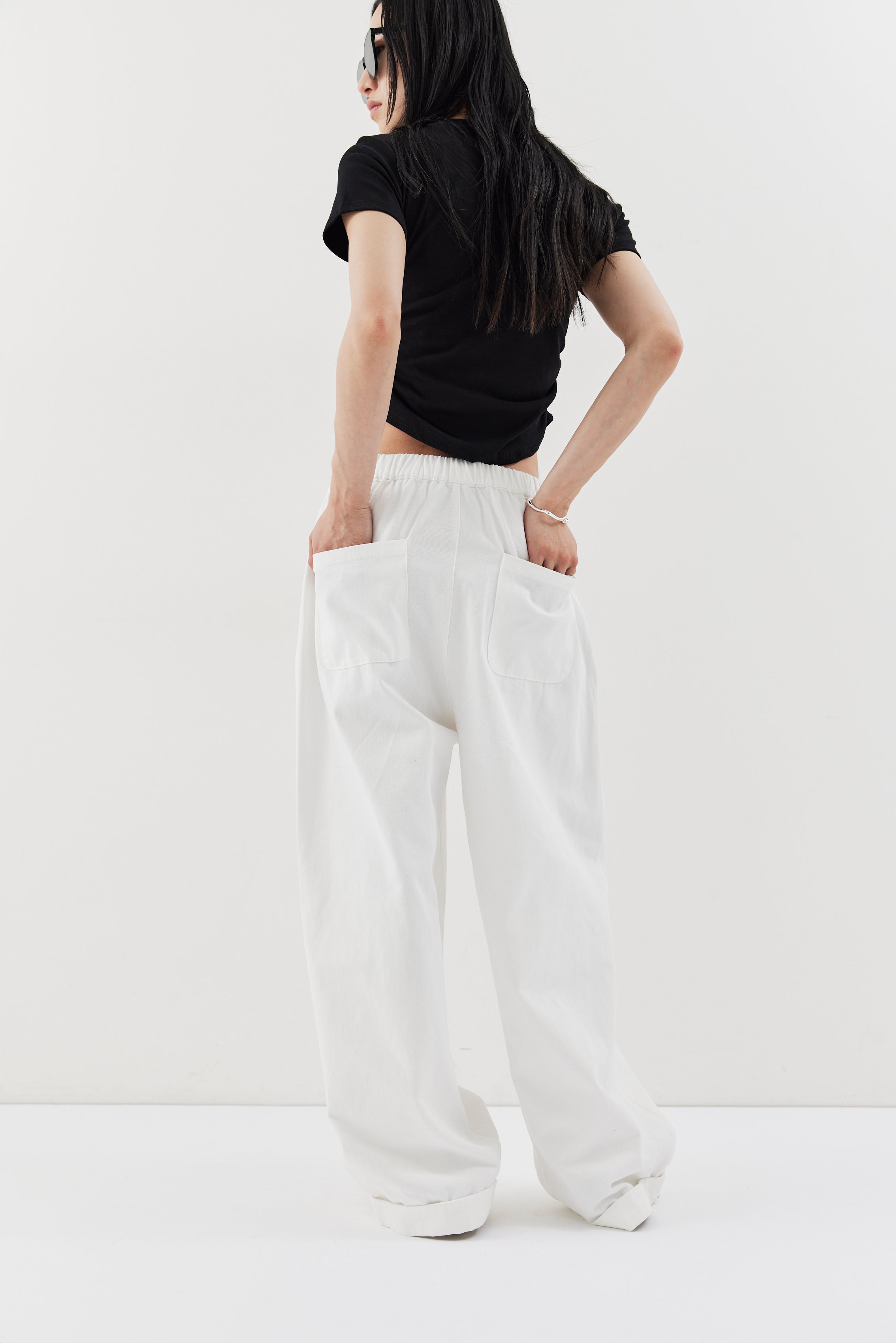 Cotton roll-up curved pants