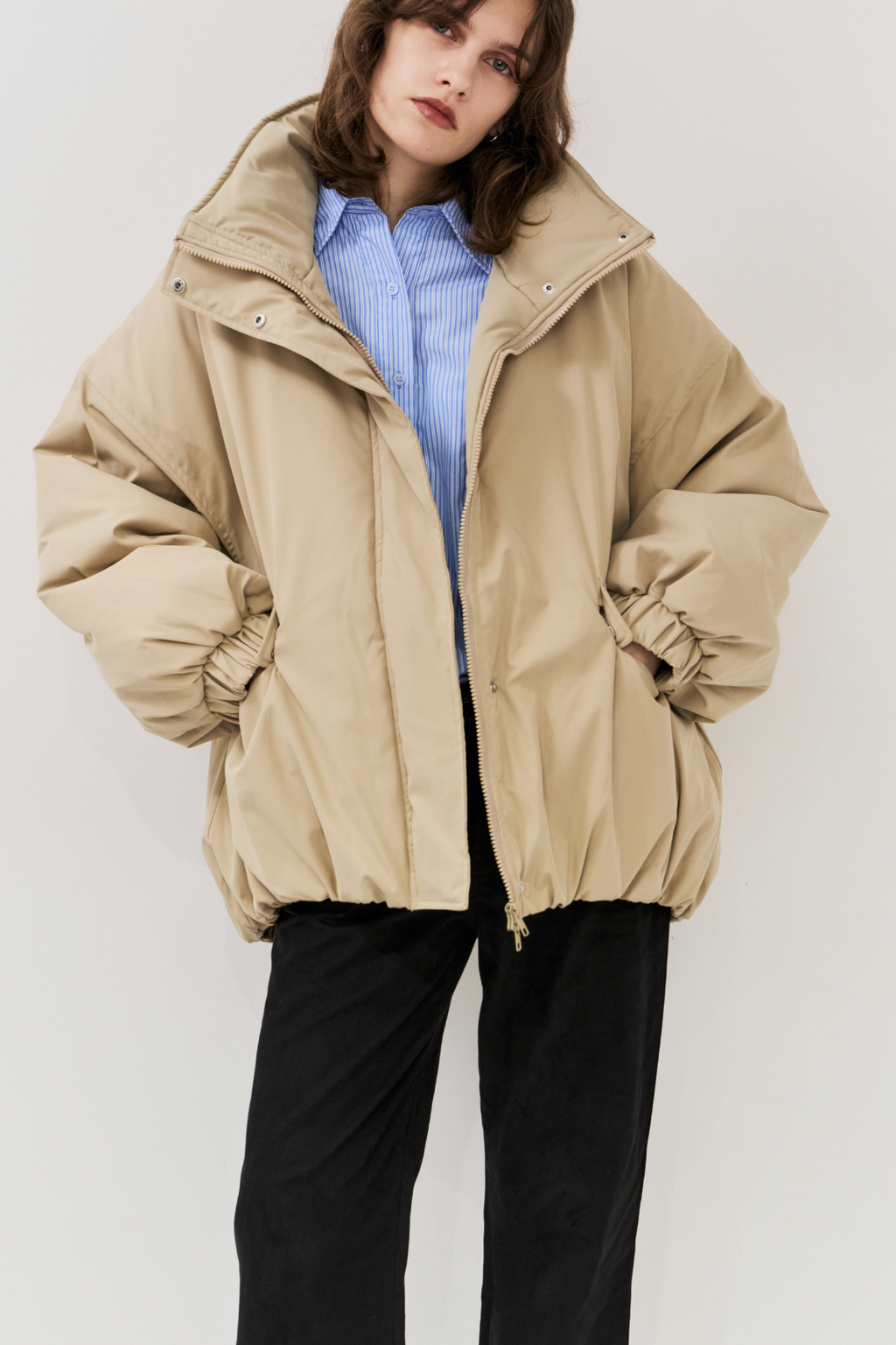 Stand collar padding midi coat