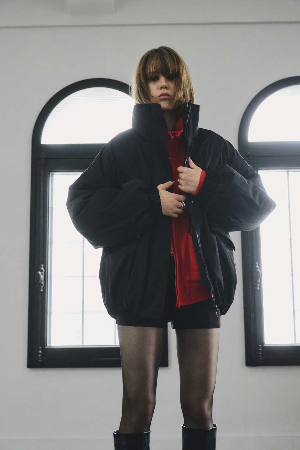 Stand collar padding midi coat