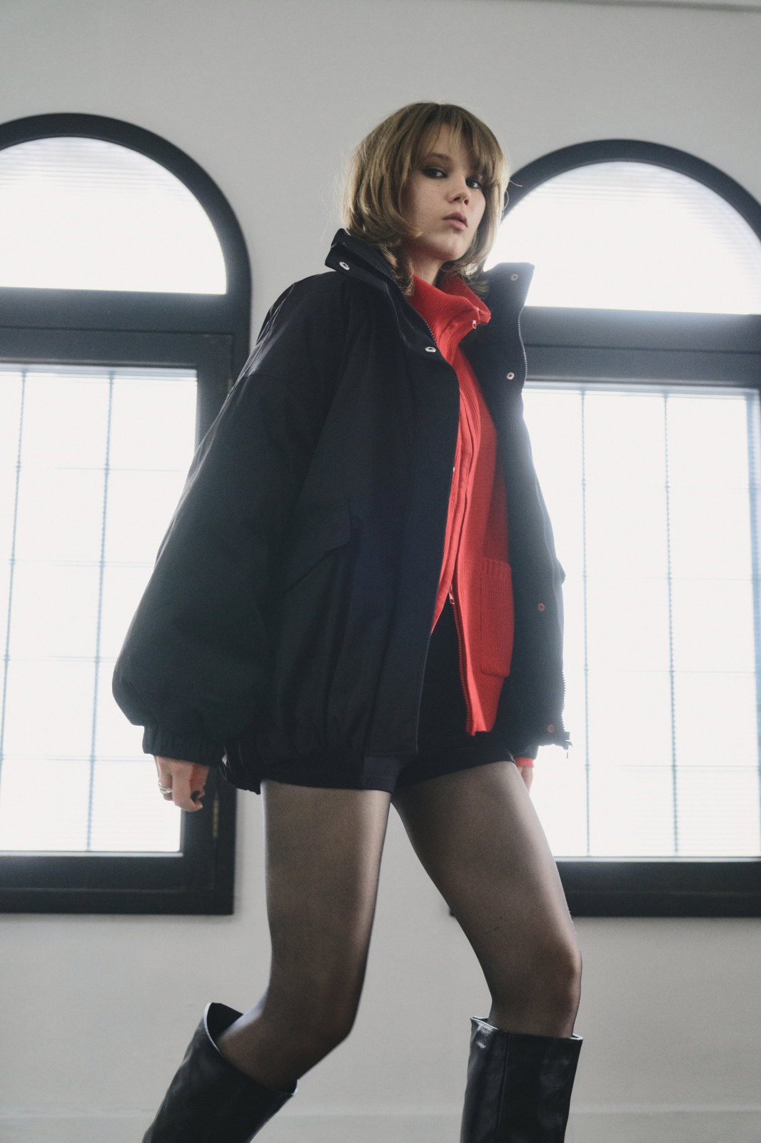 Stand collar padding midi coat