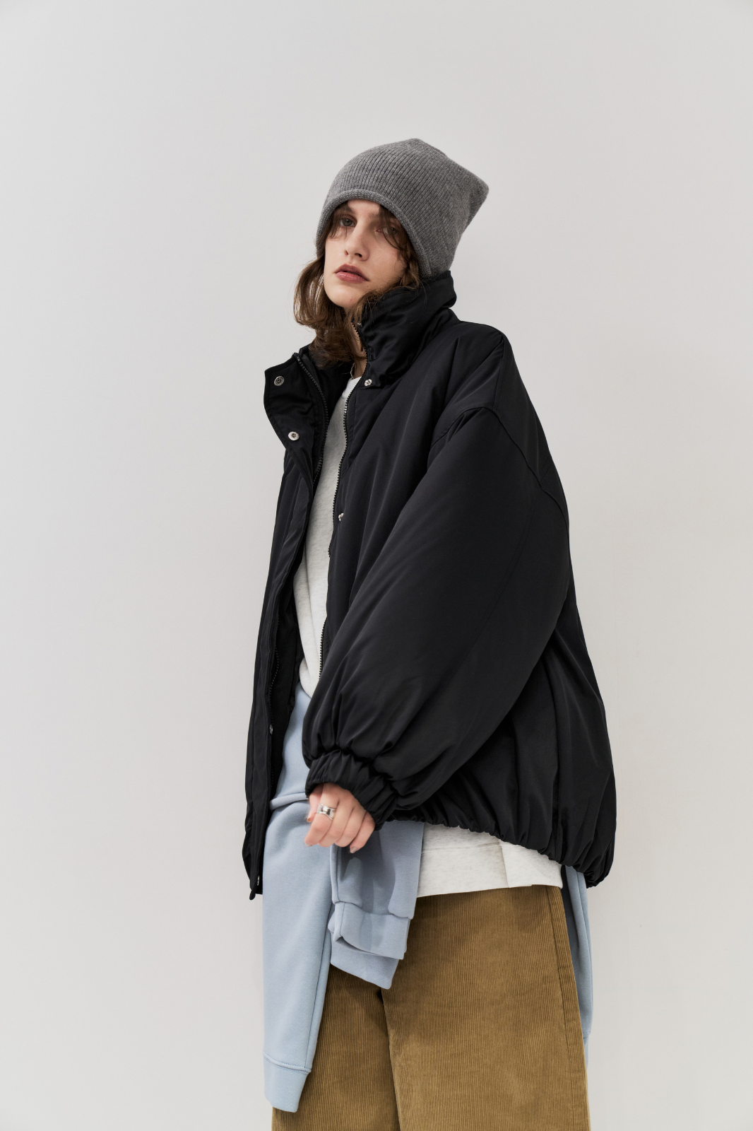 Stand collar padding midi coat