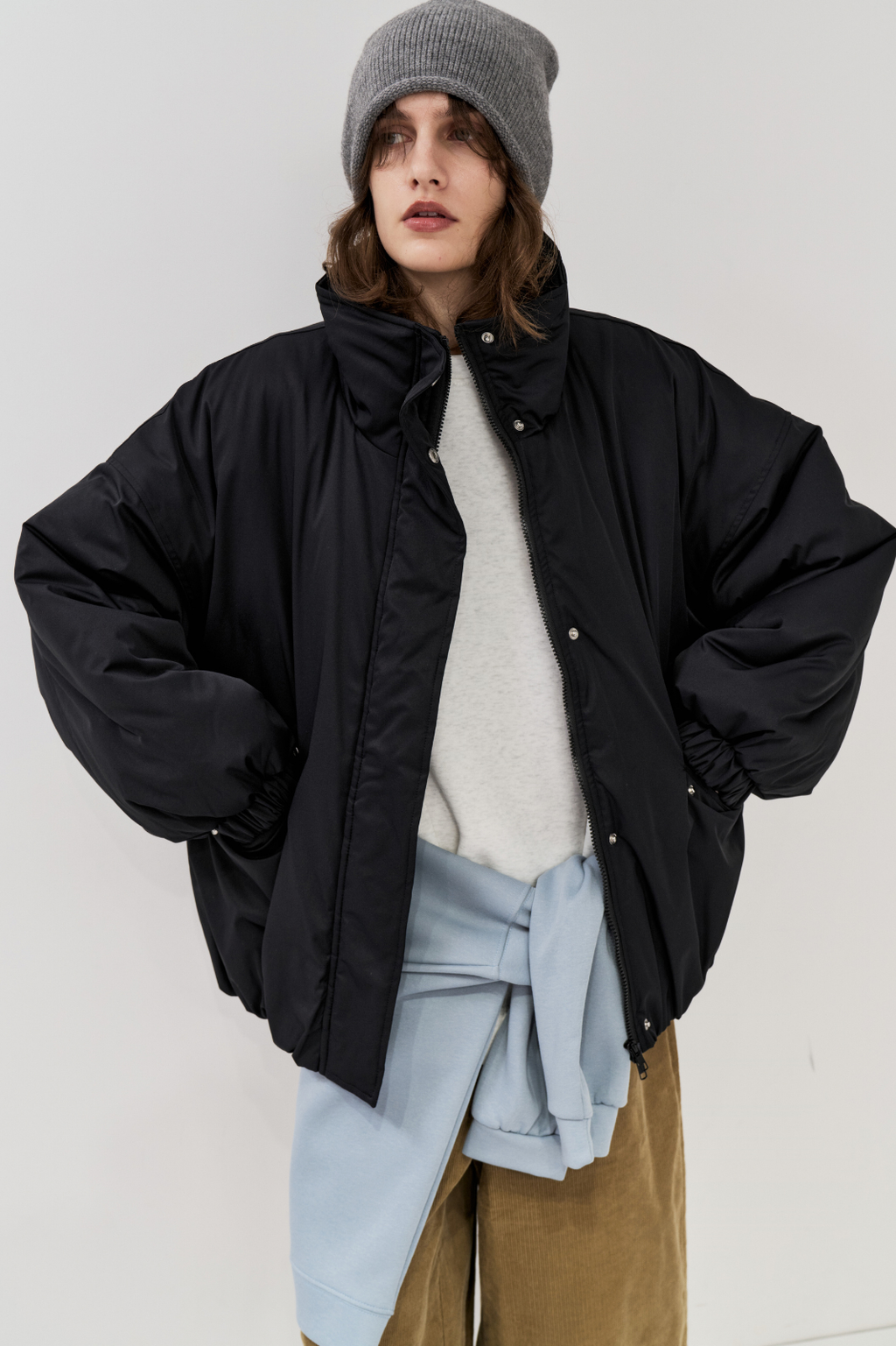 Stand collar padding midi coat