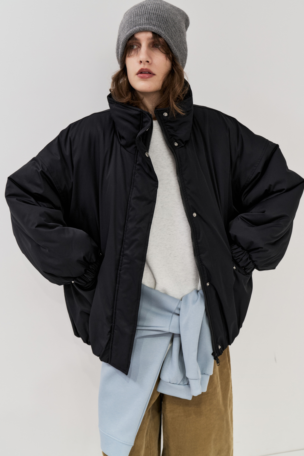 Stand collar padding midi coat