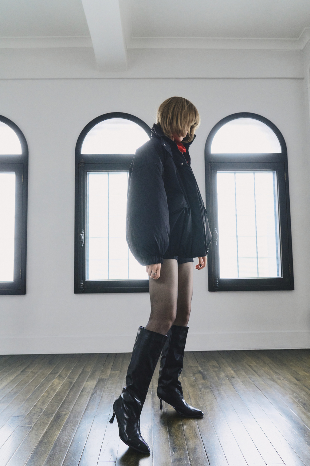 Stand collar padding midi coat