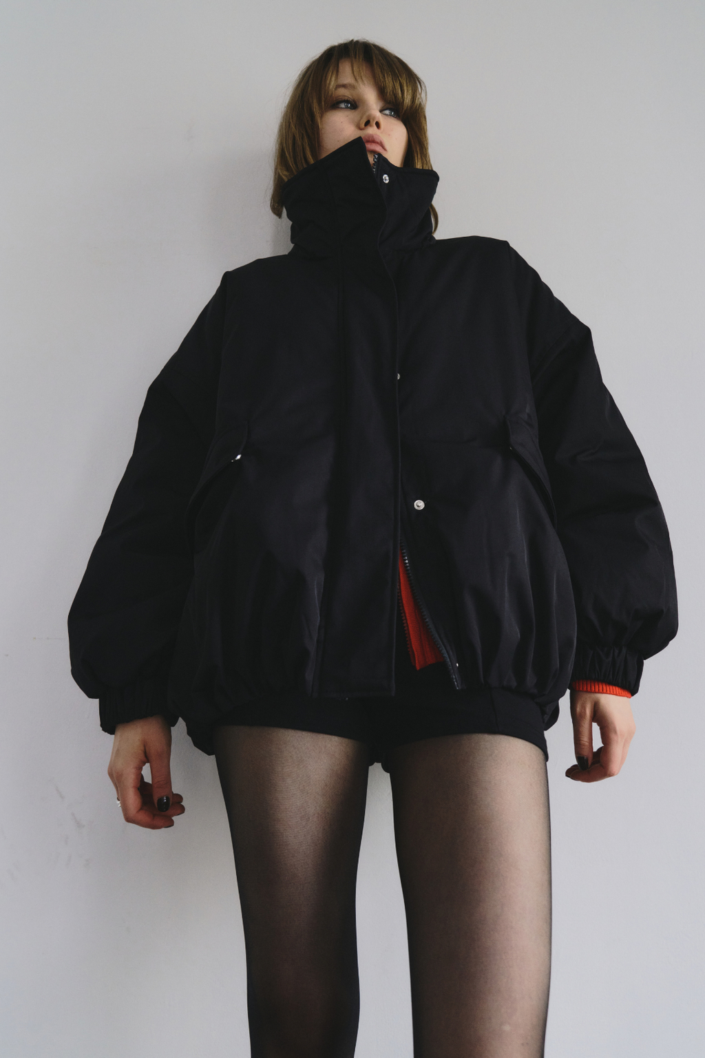 Stand collar padding midi coat