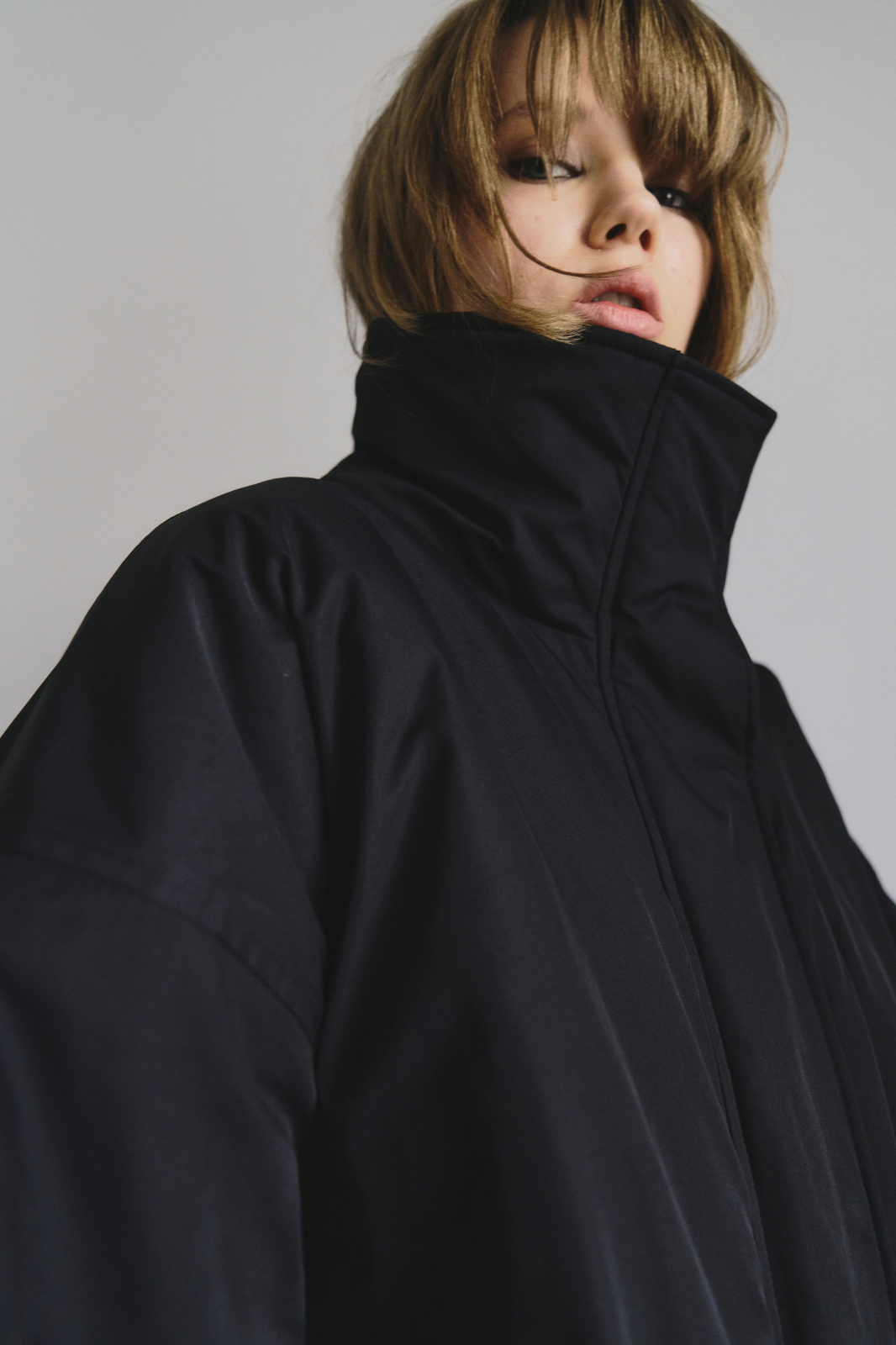 Stand collar padding midi coat