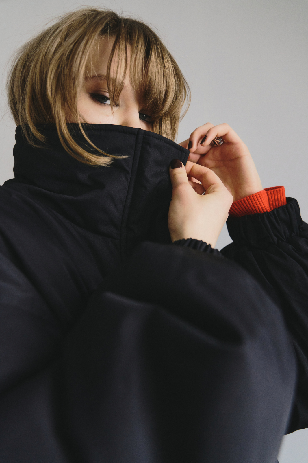 Stand collar padding midi coat