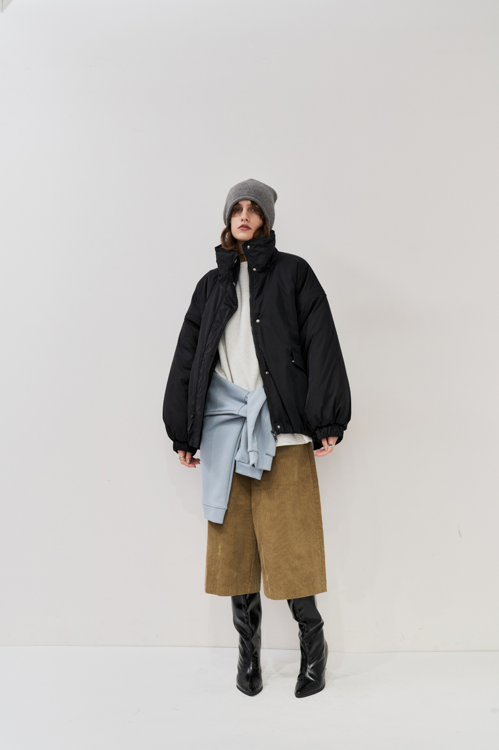 Stand collar padding midi coat