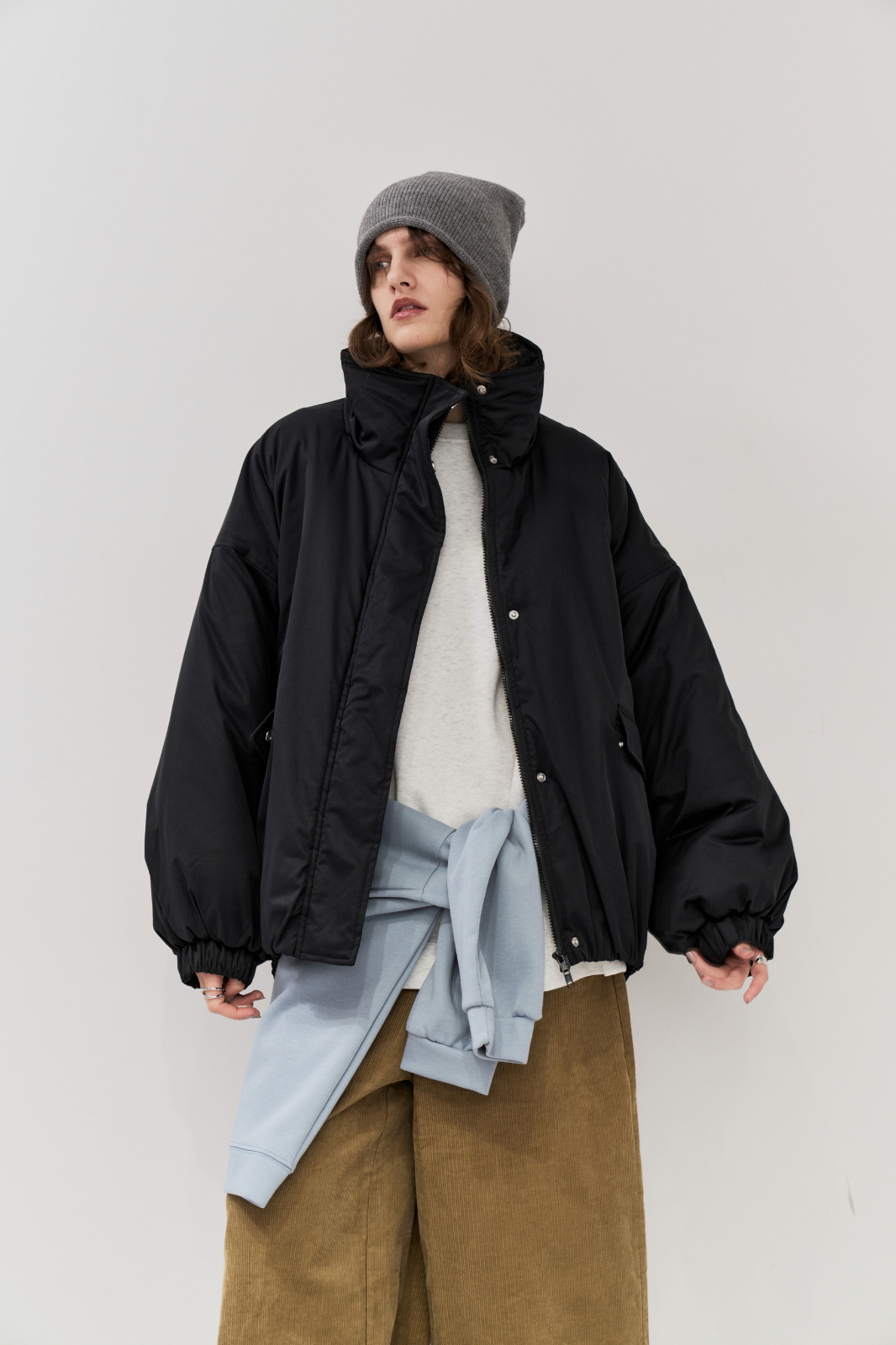 Stand collar padding midi coat