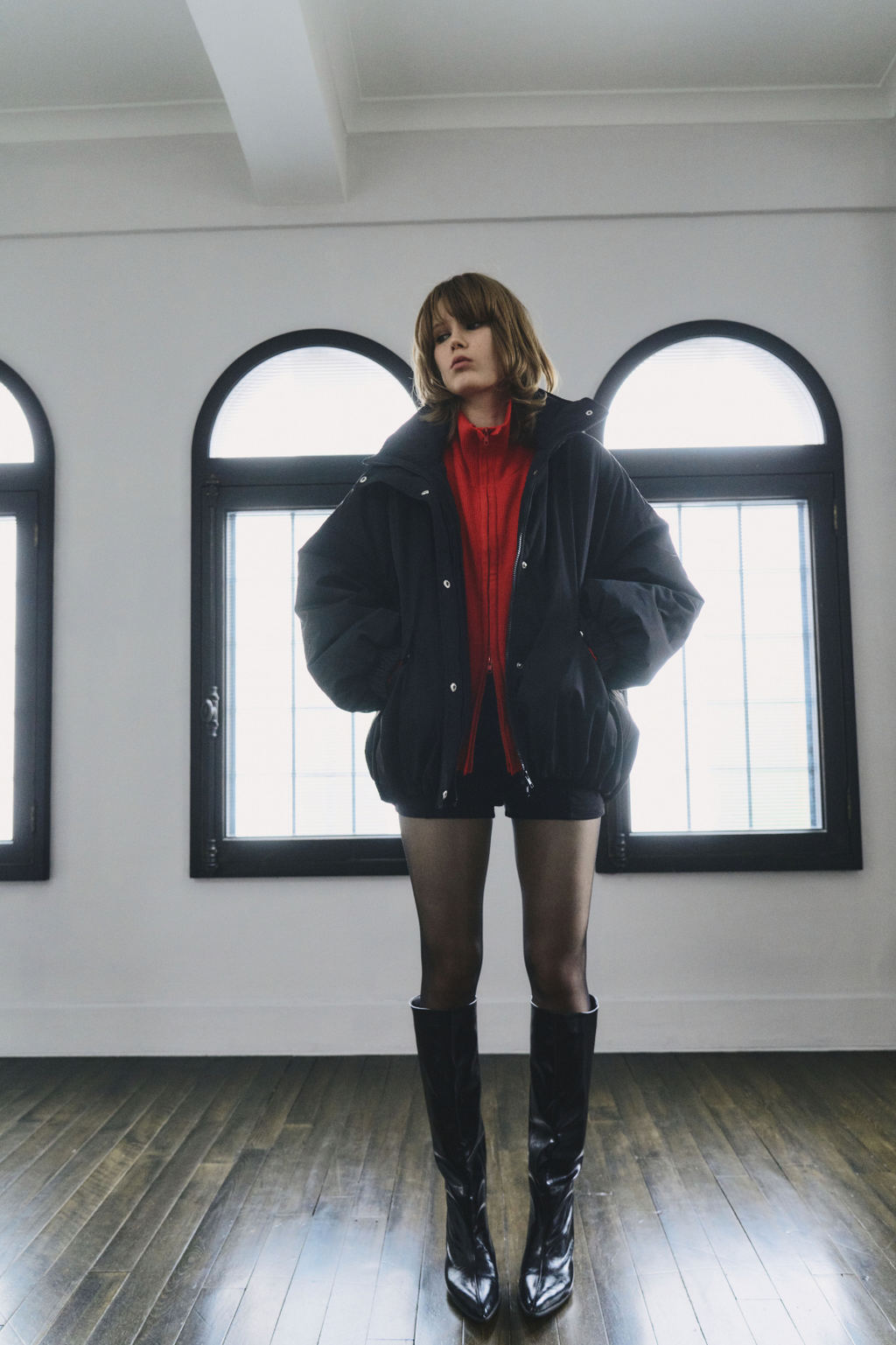 Stand collar padding midi coat
