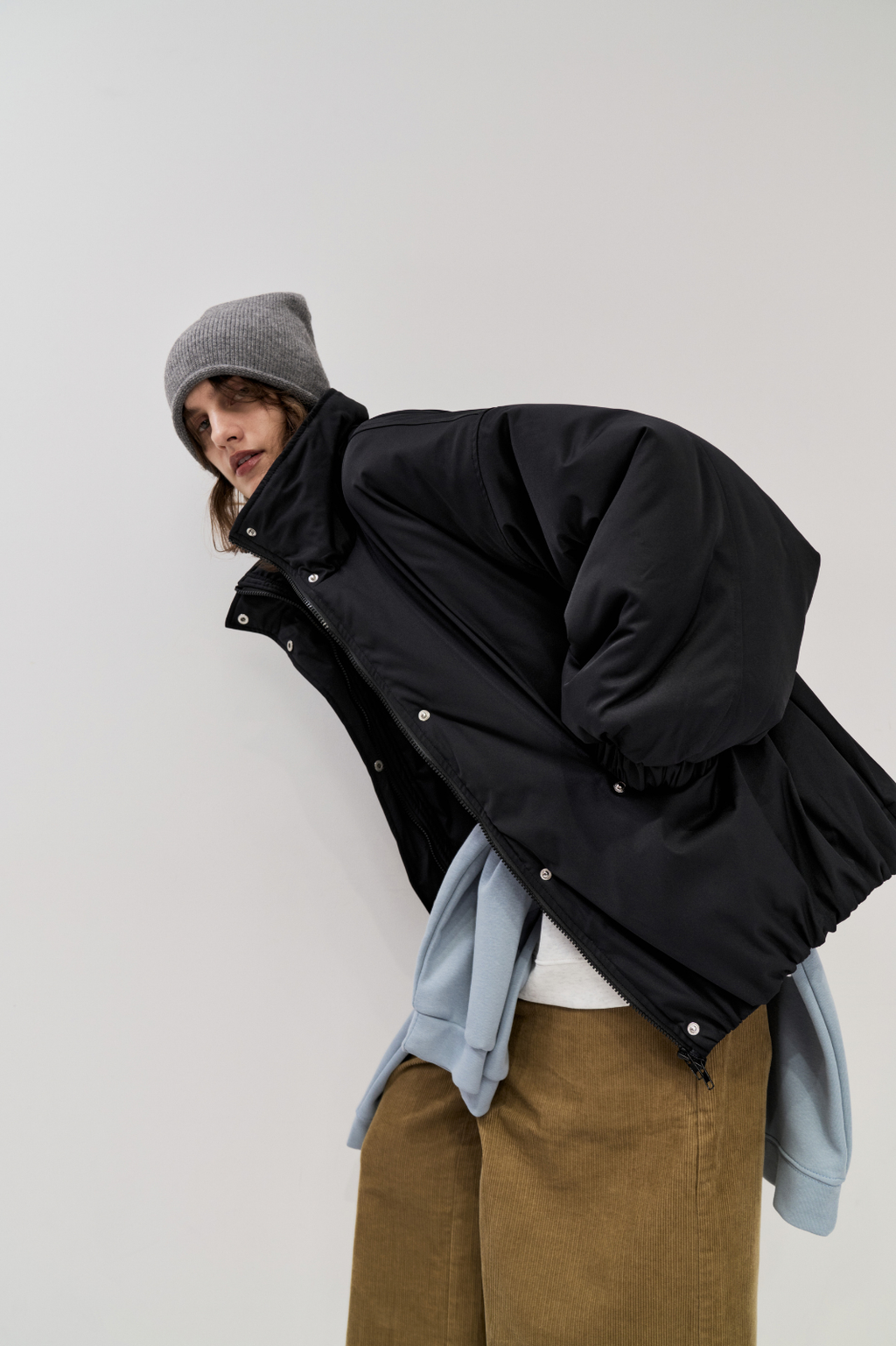 Stand collar padding midi coat
