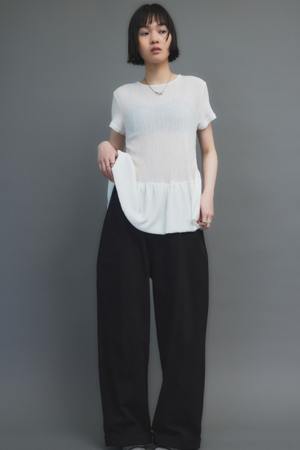 Cotton roll-up curved pants