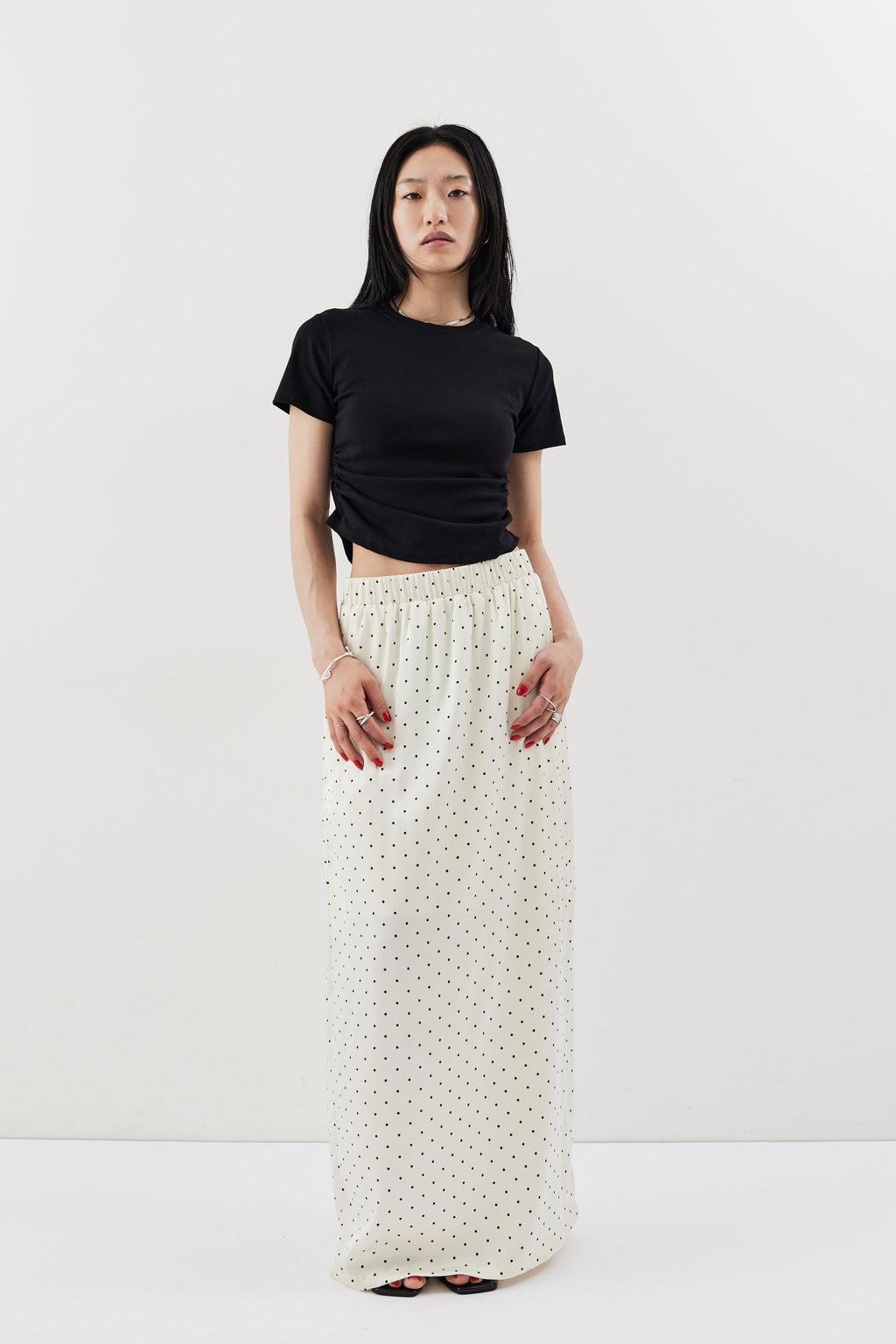 Dot satin long skirt