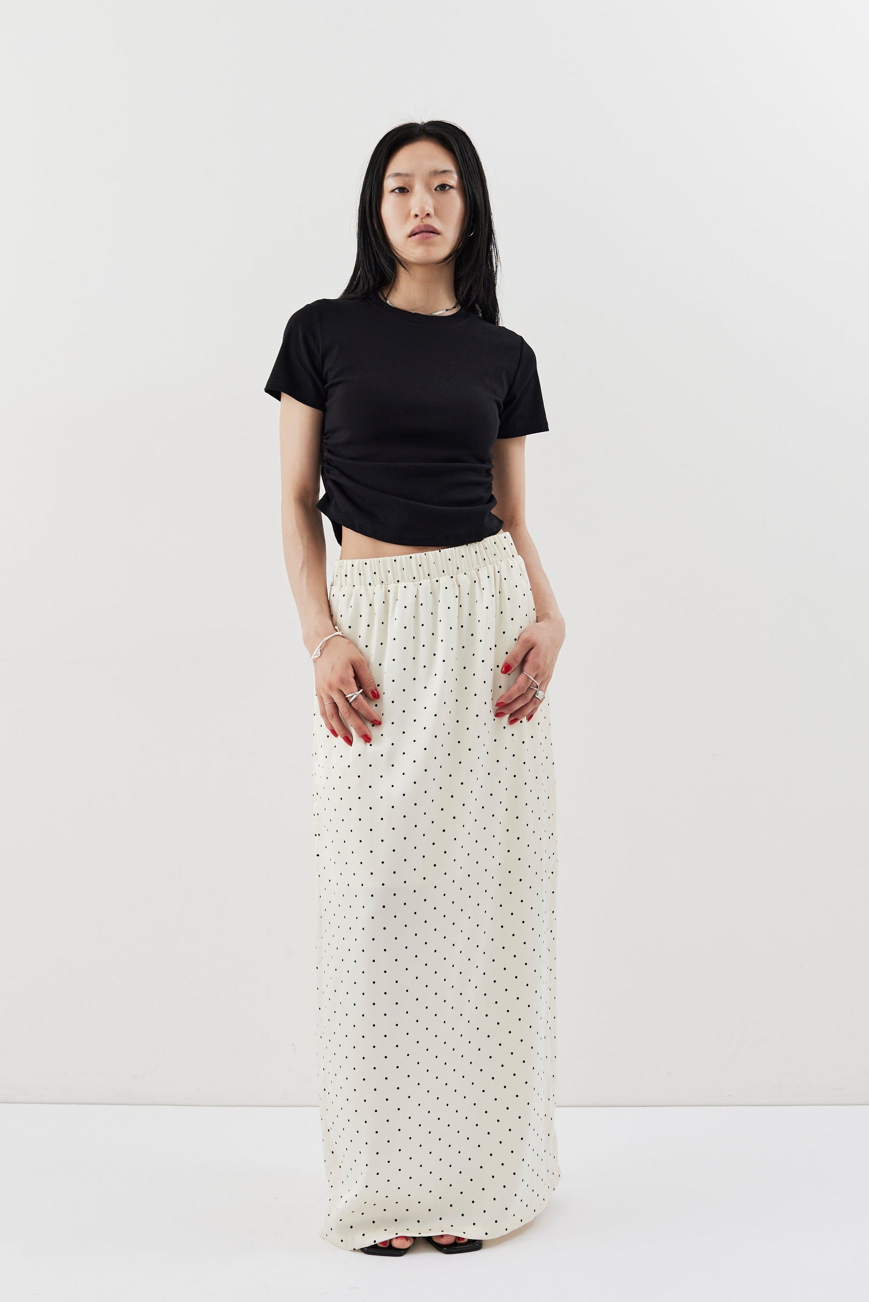 Dot satin long skirt