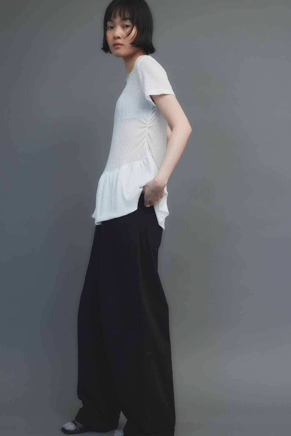 Cotton roll-up curved pants