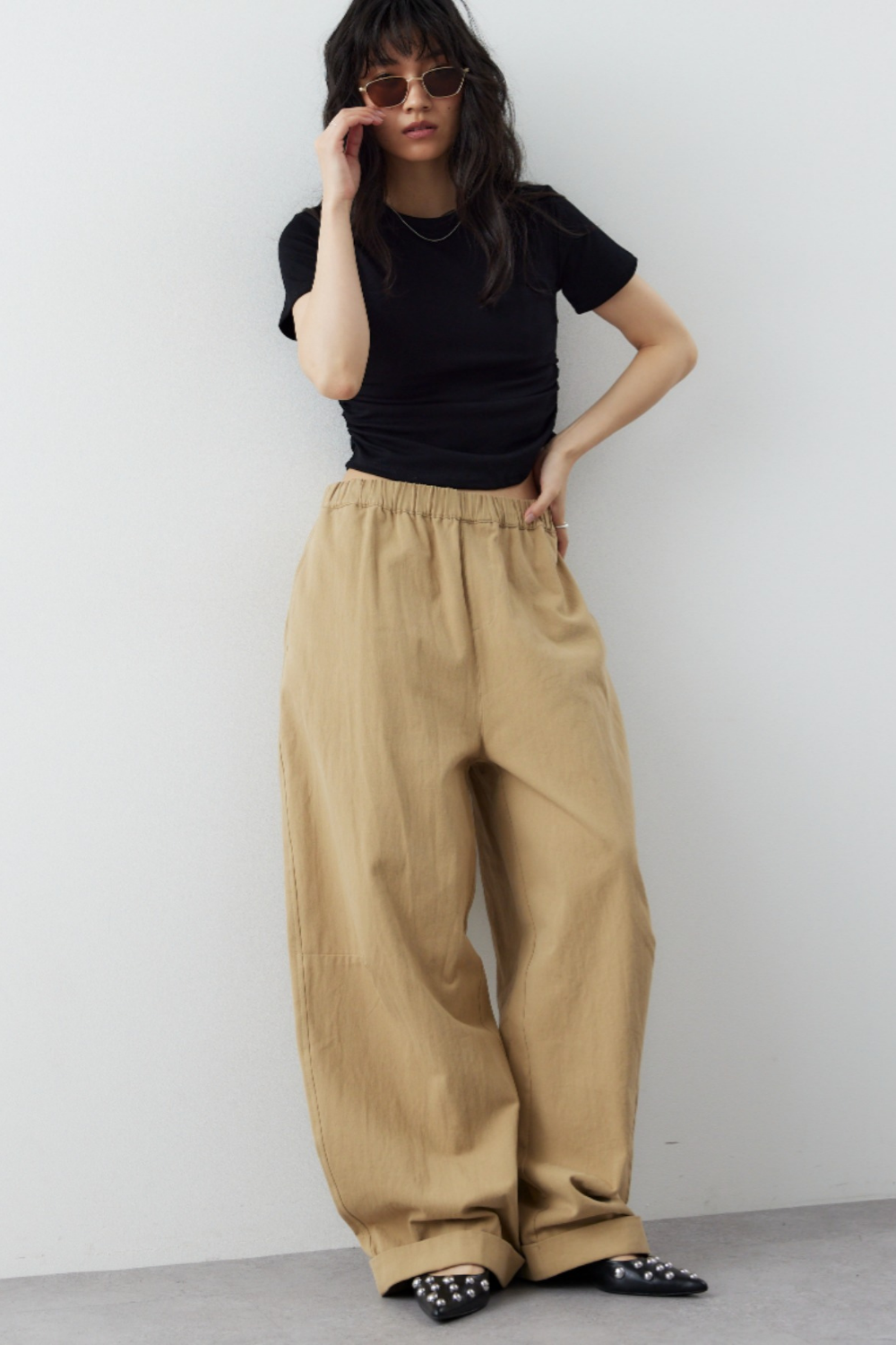 Cotton roll-up curved pants