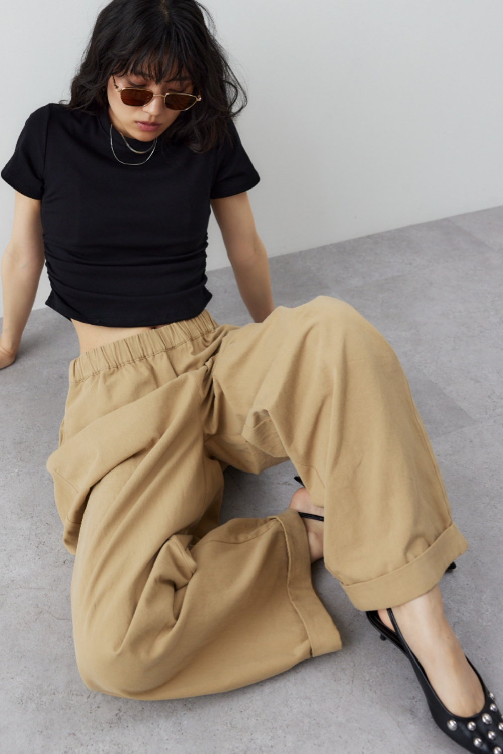 Cotton roll-up curved pants