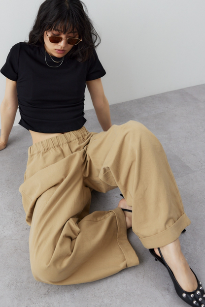 Cotton roll-up curved pants