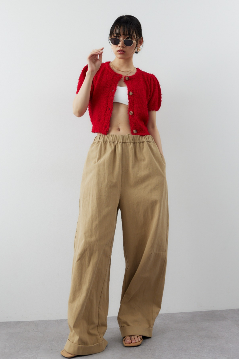 Cotton roll-up curved pants