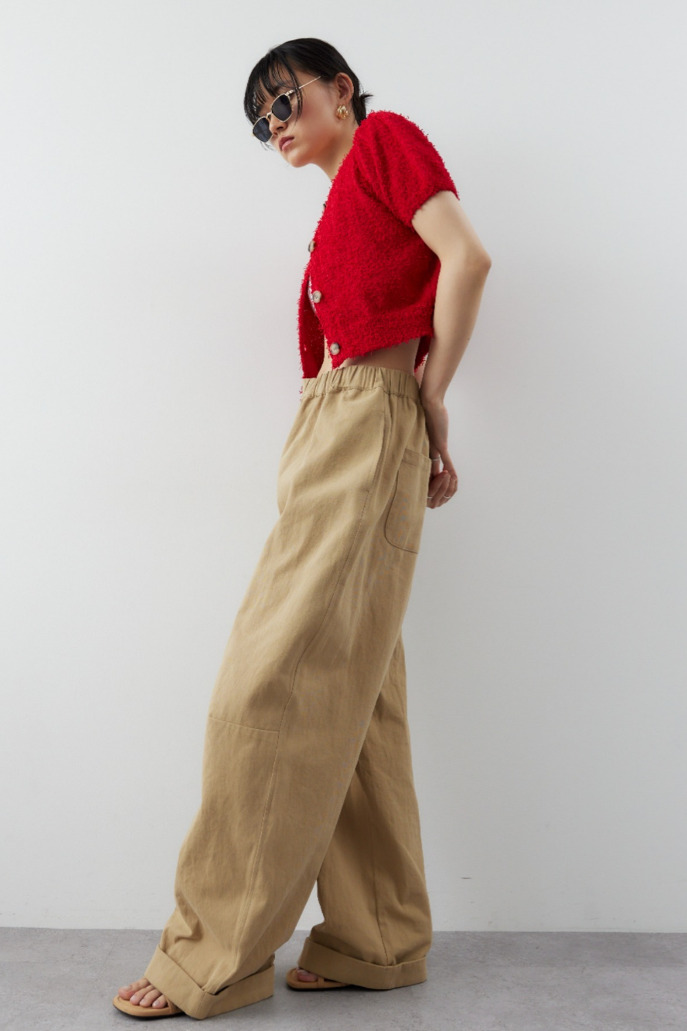 Cotton roll-up curved pants