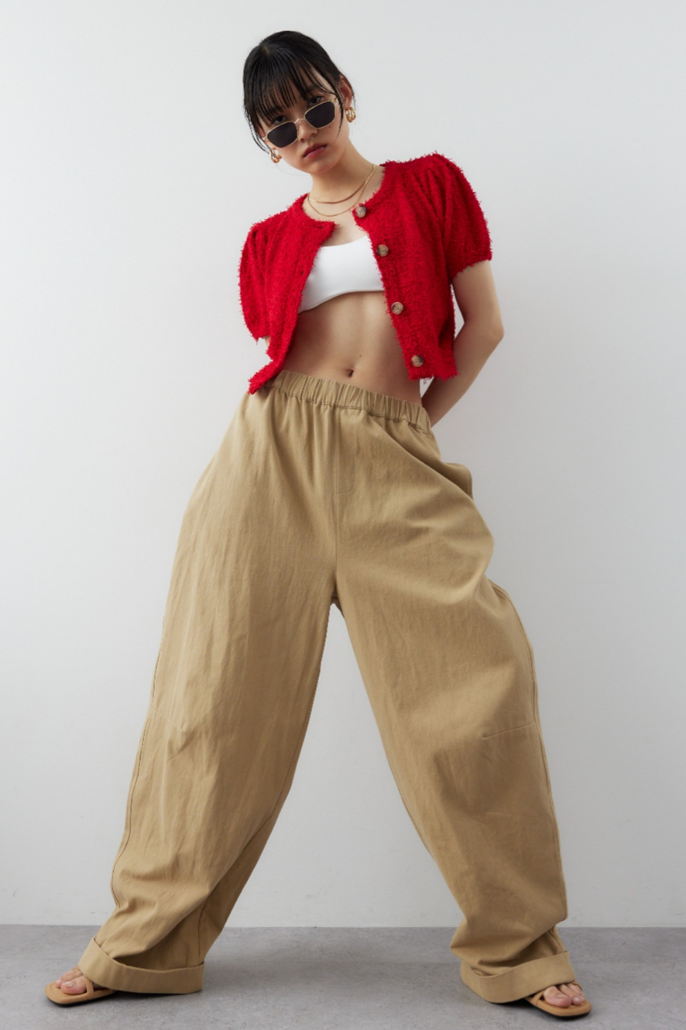 Cotton roll-up curved pants