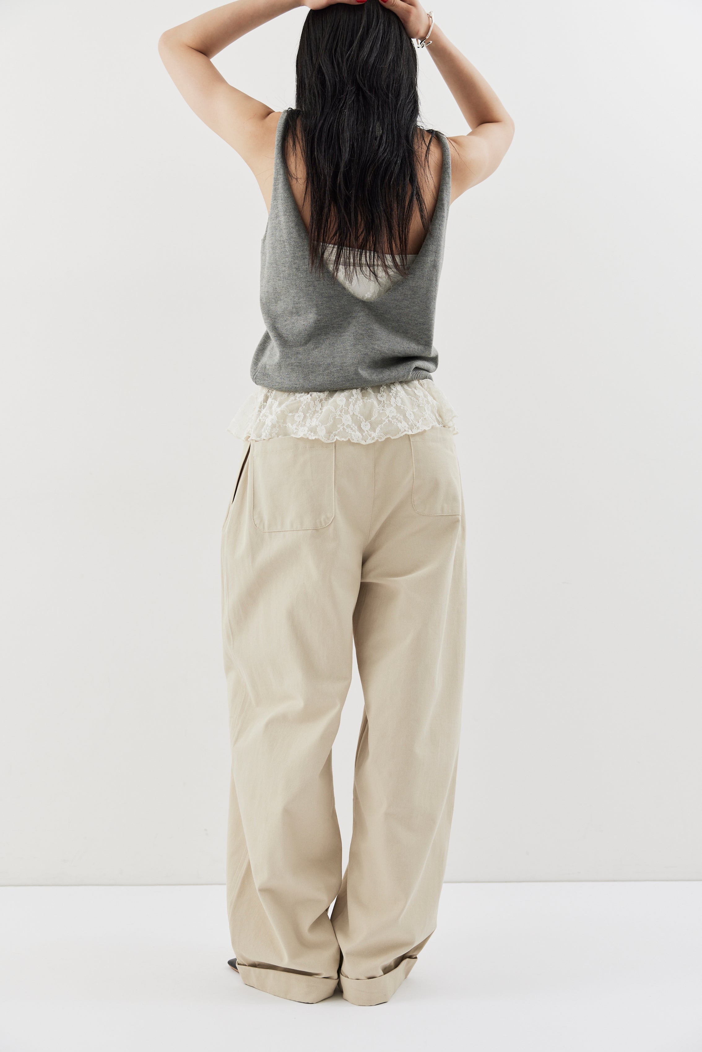 Cotton roll-up curved pants