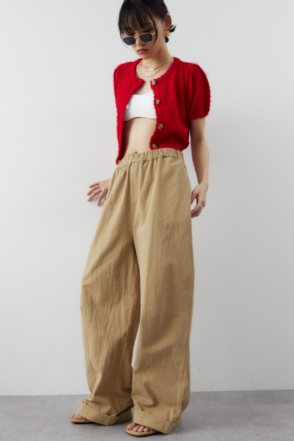 Cotton roll-up curved pants