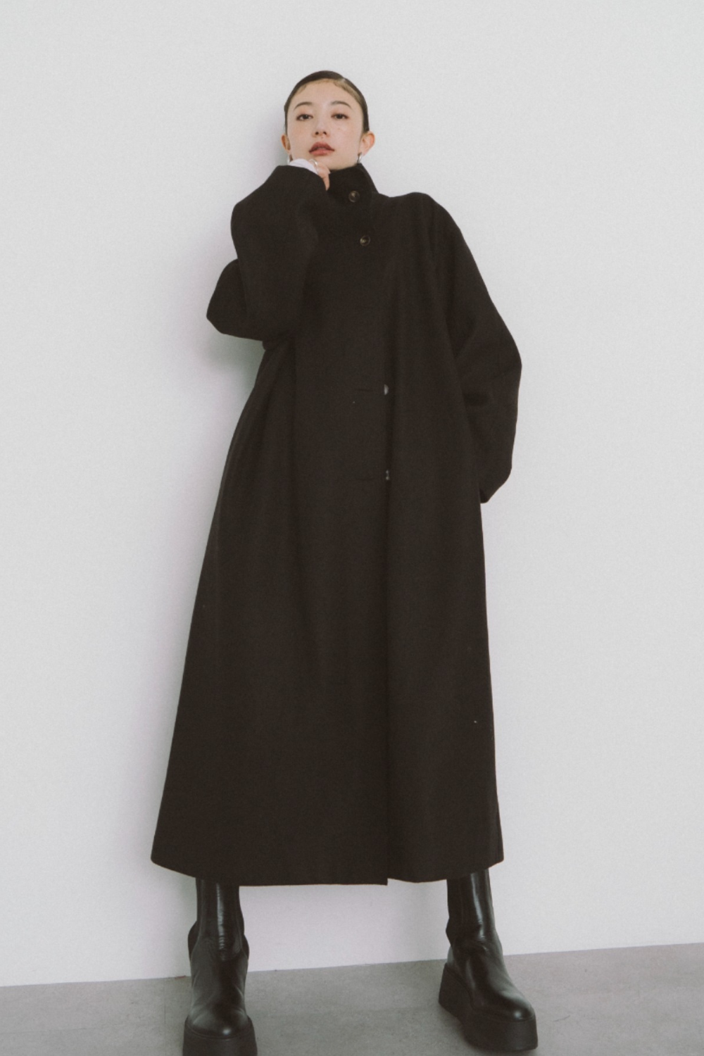 Stand collar faux wool long coat