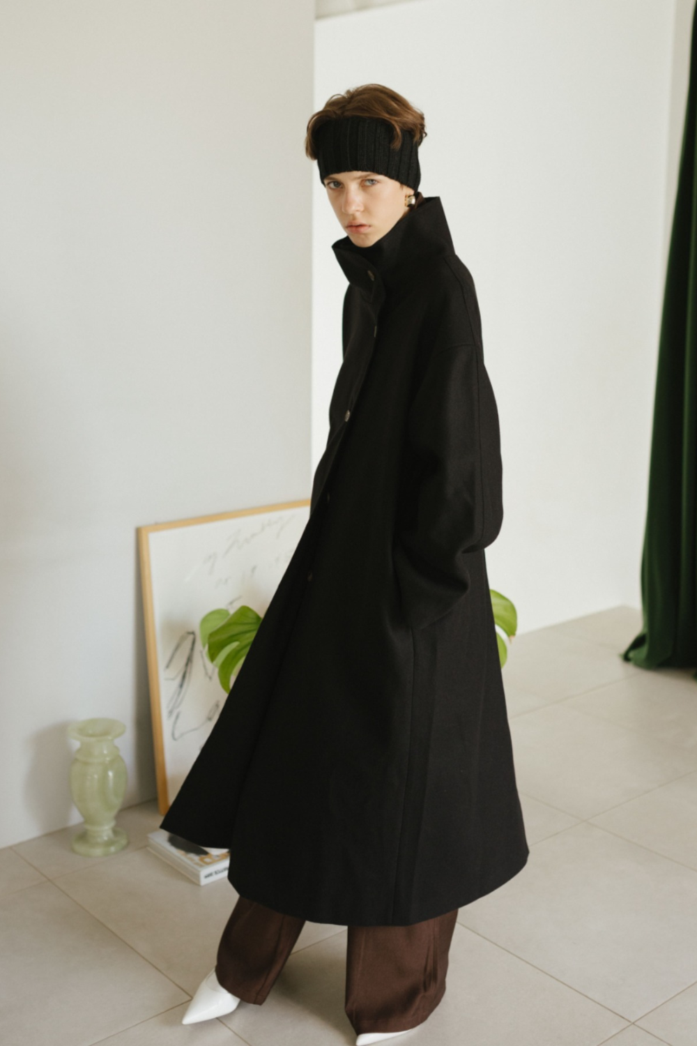 Stand collar faux wool long coat