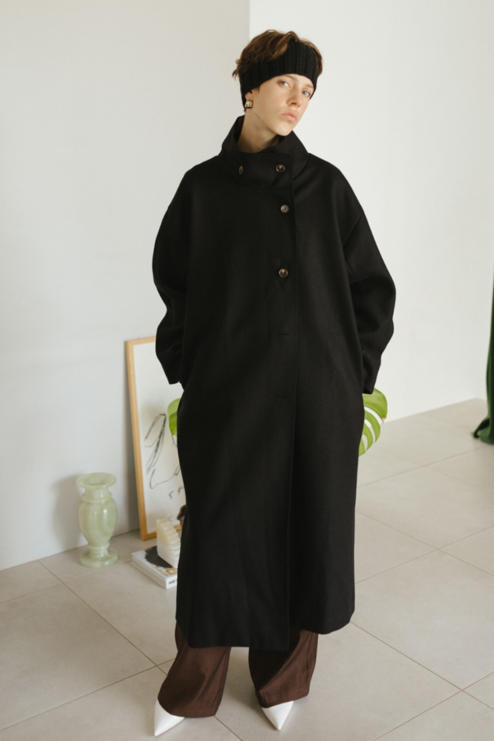 Stand collar faux wool long coat