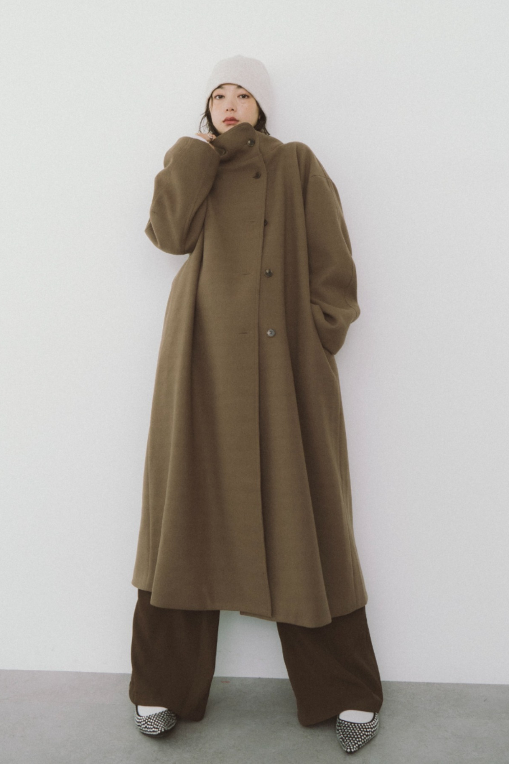 Stand collar faux wool long coat