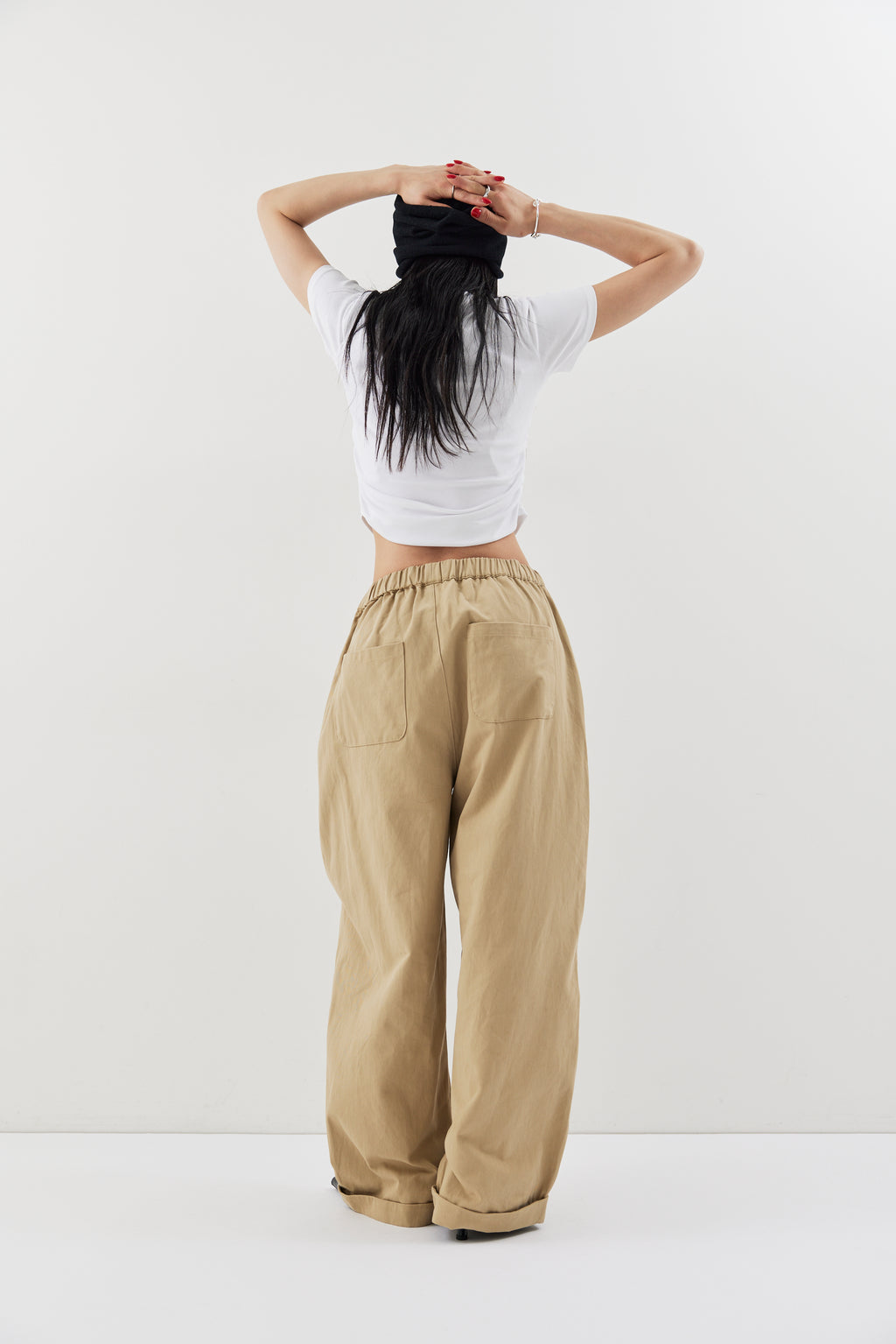 Cotton roll-up curved pants