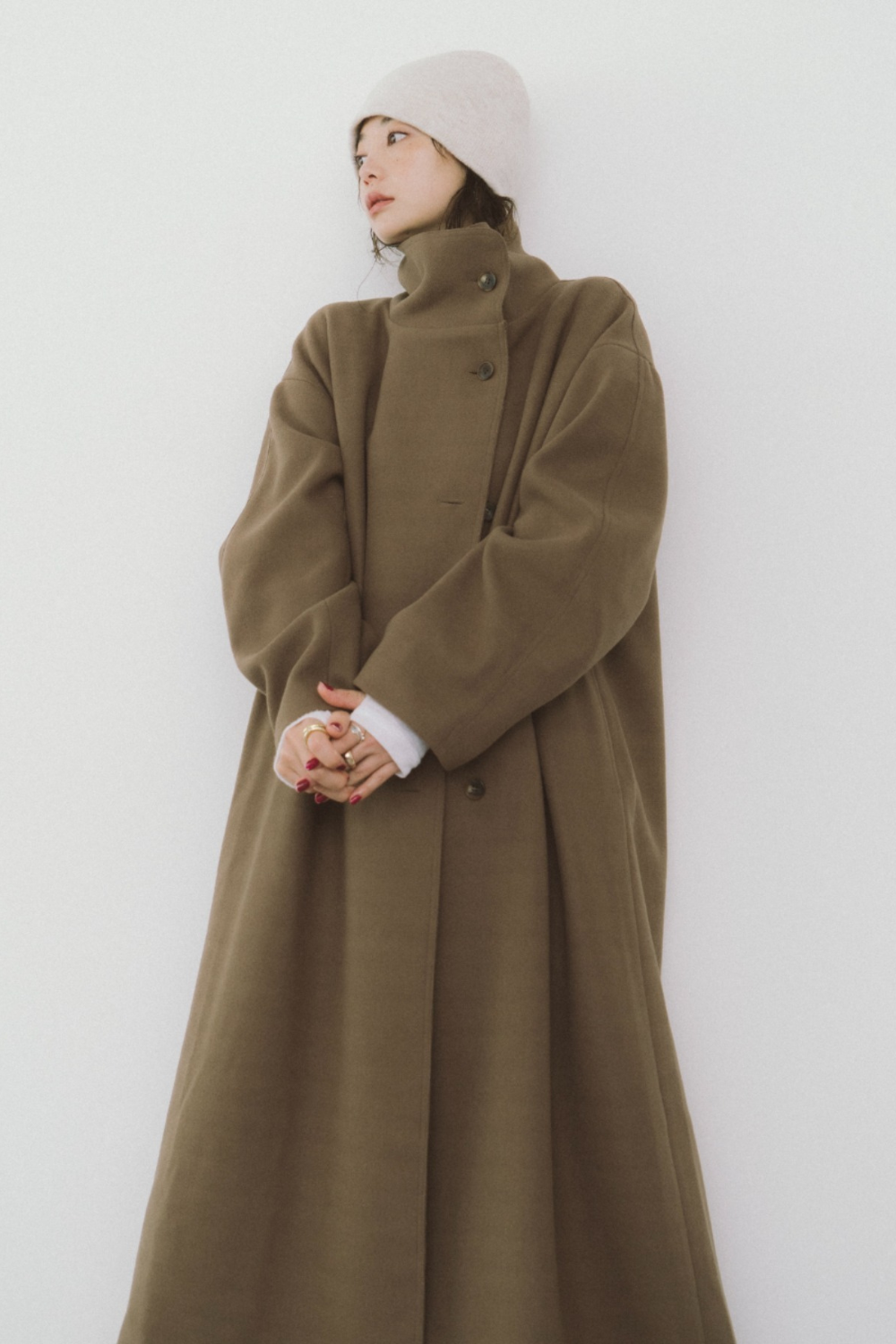 Stand collar faux wool long coat