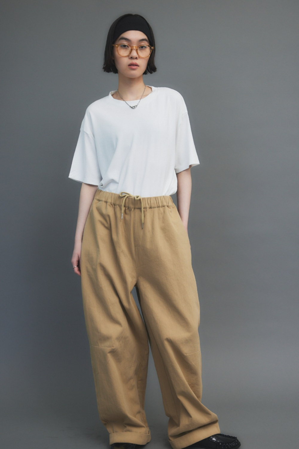 Cotton roll-up curved pants