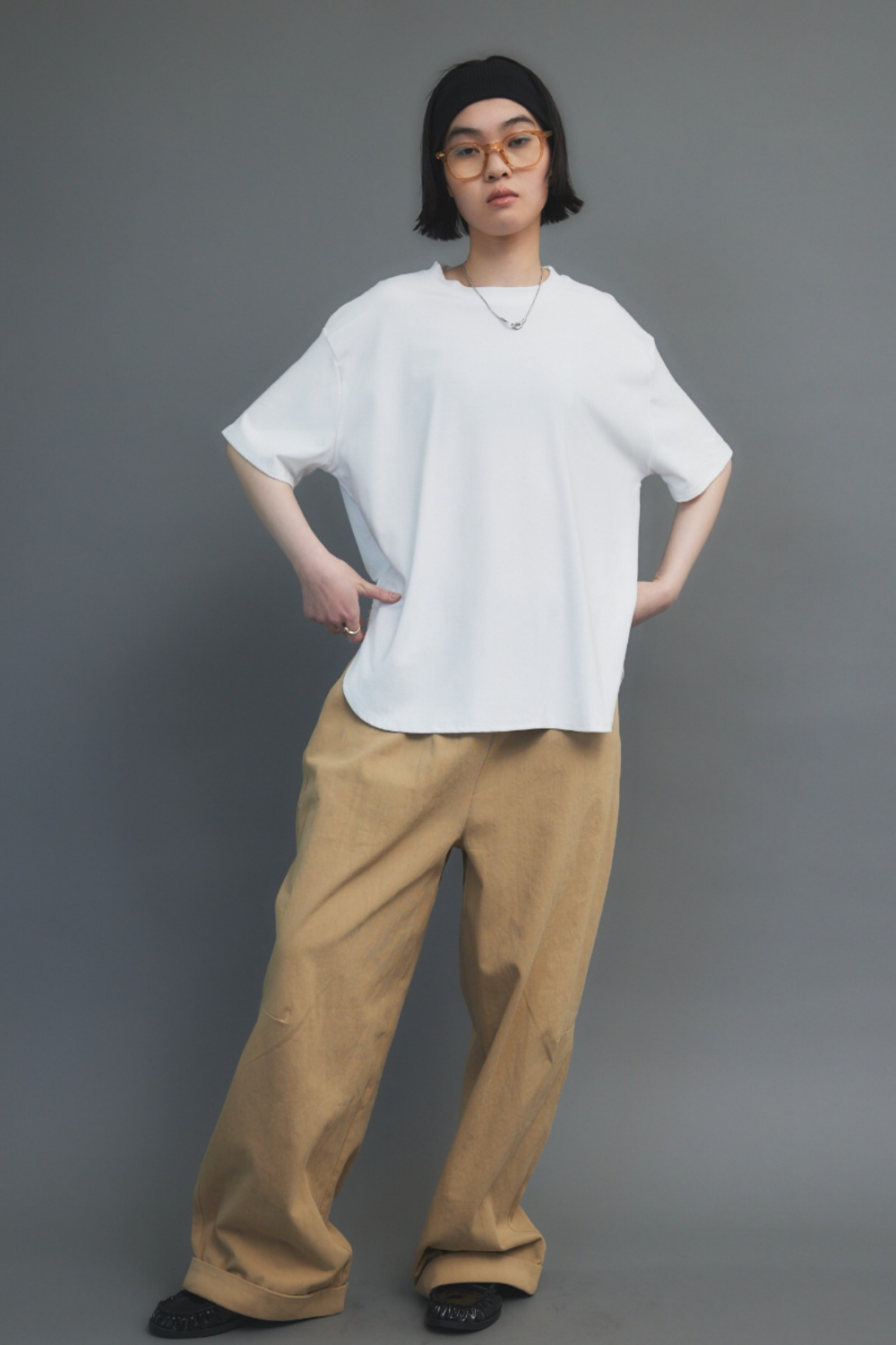 Cotton roll-up curved pants
