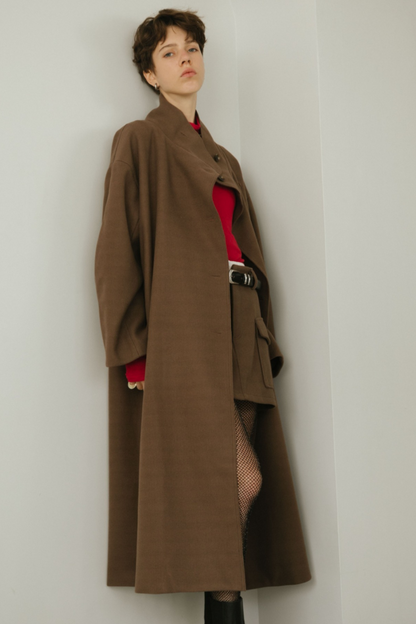 Stand collar faux wool long coat